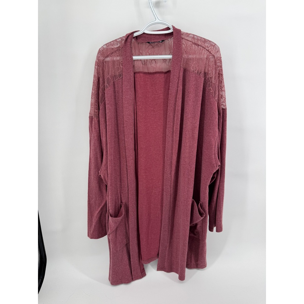 Bloomchic Burgundy Lace Shoulder Open Front Cardigan Plus Size 26 Pockets Rose